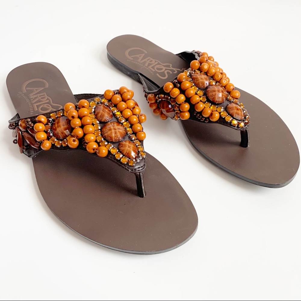 Carlos Santana Tahiti Thong Sandals, Bead Embellishment, Orange and Brown, 6